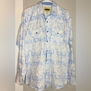 Vintage Arre White Blue Splatter Print Long sleeved button shirt Men Large